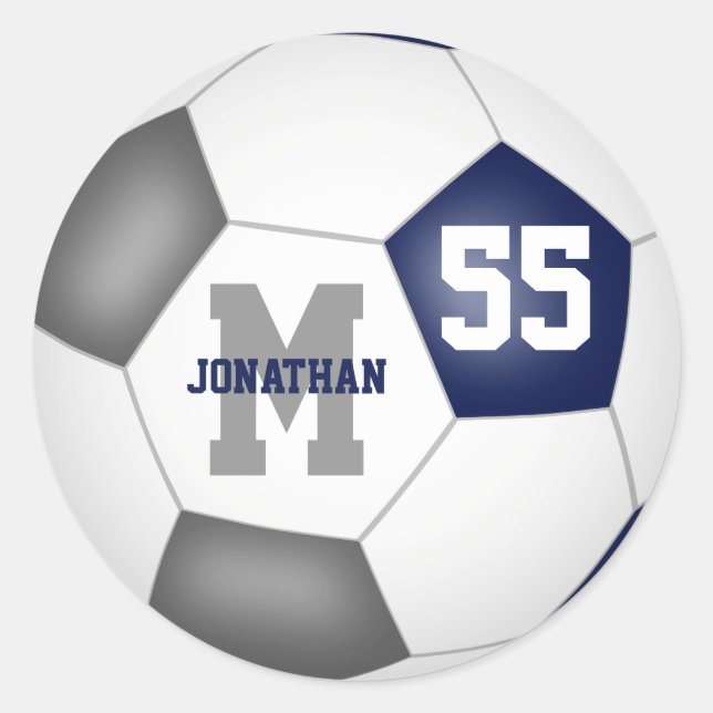 blue grey team colours soccer ball personalised classic round sticker (Front)