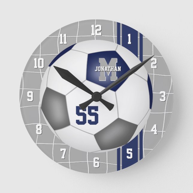 blue grey team colours varsity stripes soccer round clock (Front)