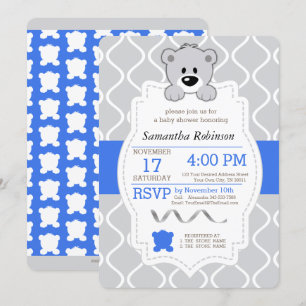 Blue & Grey Teddy Bear Baby Shower Invitation