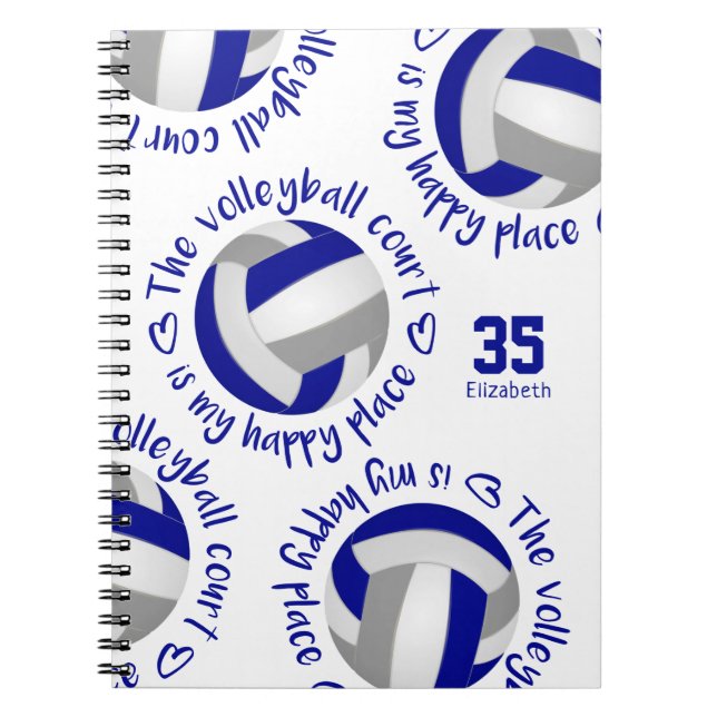 blue grey The volleyball court is my happy place Notebook (Front)