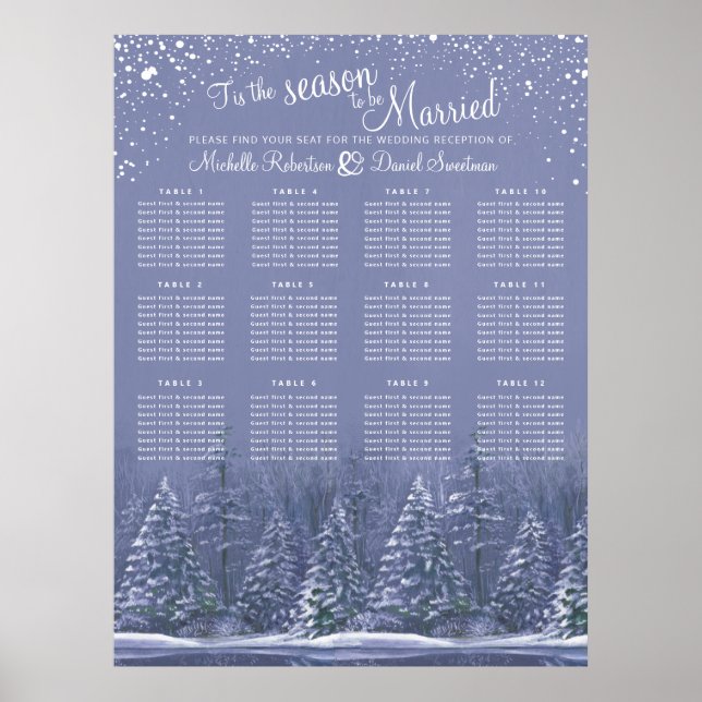Blue grey trees 12 table wedding seating chart (Front)