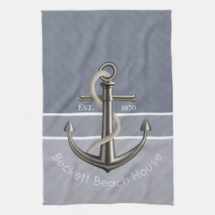Blue Grey Tri-Toned Pinstriped Anchor Tea Towel