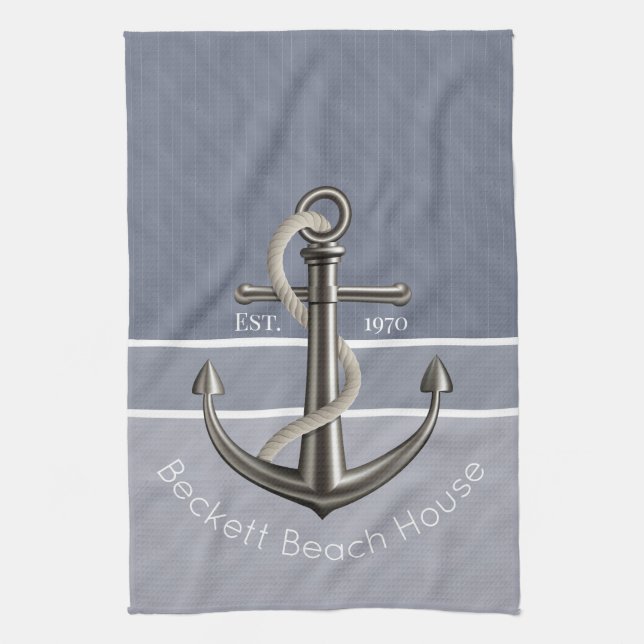 Blue Grey Tri-Toned Pinstriped Anchor Tea Towel (Vertical)