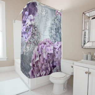 Blue Grey Vintage floral Hydrangea Flower pattern Shower Curtain