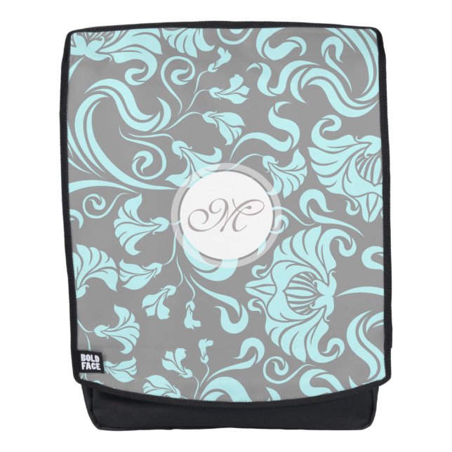 Blue Grey Vintage Floral Pattern Monogram Backpack (Front)