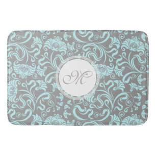 Blue Grey Vintage Floral Pattern Monogram Bath Mat
