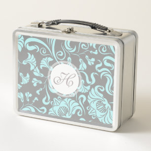Blue Grey Vintage Floral Pattern Monogram Lunchbox
