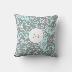 Blue Grey Vintage Floral Pattern Monogram Pillow