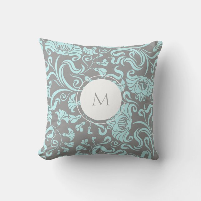 Blue Grey Vintage Floral Pattern Monogram Pillow (Front)