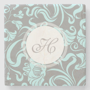Blue Grey Vintage Floral Pattern Monogram Stone C Stone Coaster