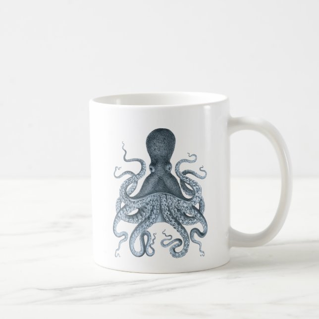 Blue Grey Vintage Octopus Illustration Coffee Mug (Right)