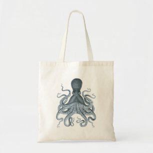 Blue Grey Vintage Octopus Illustration Tote Bag