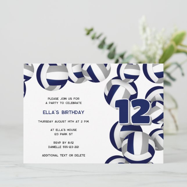 blue grey volleyball boys girls birthday party invitation (Standing Front)