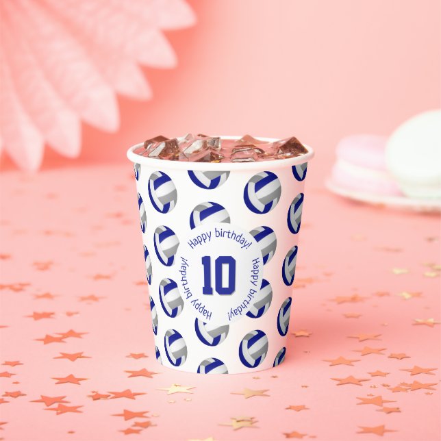 blue grey volleyballs girls boys sports birthday paper cups (Insitu)