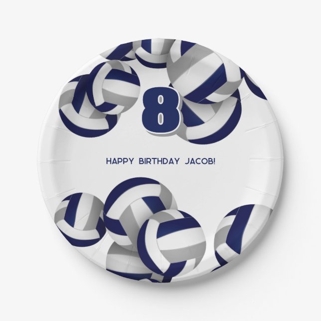 blue grey volleyballs kids birthday party paper plate (Front)