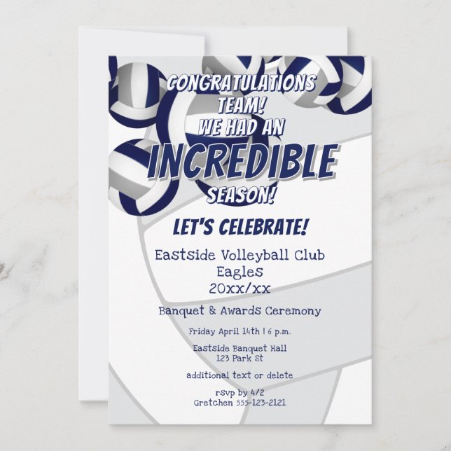 blue grey volleyballs kids school club team party invitation (Front)