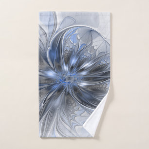 Blue Grey Watercolor Abstract Floral Fractal Art Hand Towel