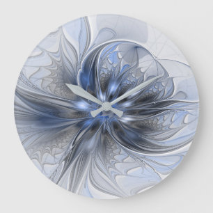 Blue Grey Watercolor Abstract Floral Fractal Art Large Clock