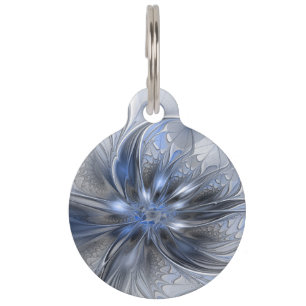 Blue Grey Watercolor Abstract Floral Fractal Art Pet Tag