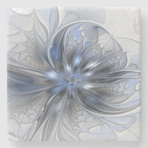 Blue Grey Watercolor Abstract Floral Fractal Art Stone Coaster