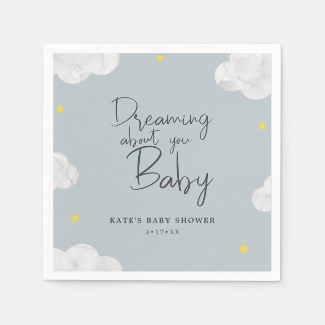 Blue Grey Watercolor Clouds Boy Baby Shower Napkin (Front)