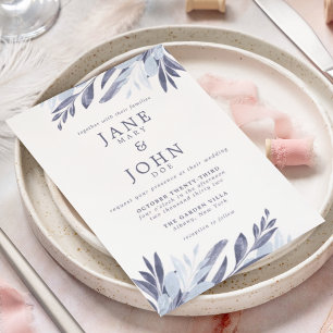 Blue Grey Watercolor Foliage Wedding Invitation