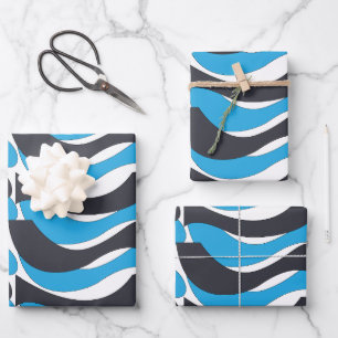Blue Grey Wave Stripes Wrapping Paper Sheet