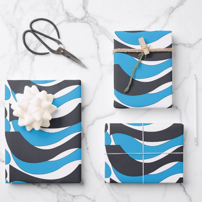 Blue Grey Wave Stripes Wrapping Paper Sheet (Front)