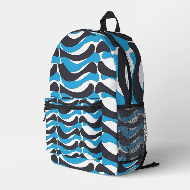 Blue Grey Wavy Stripes Printed Backpack (Back Corner Right)