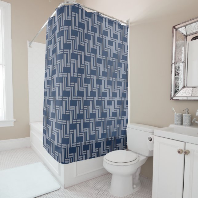 Blue Grey Weave Pattern Japanese Style  Shower Curtain (In Situ)