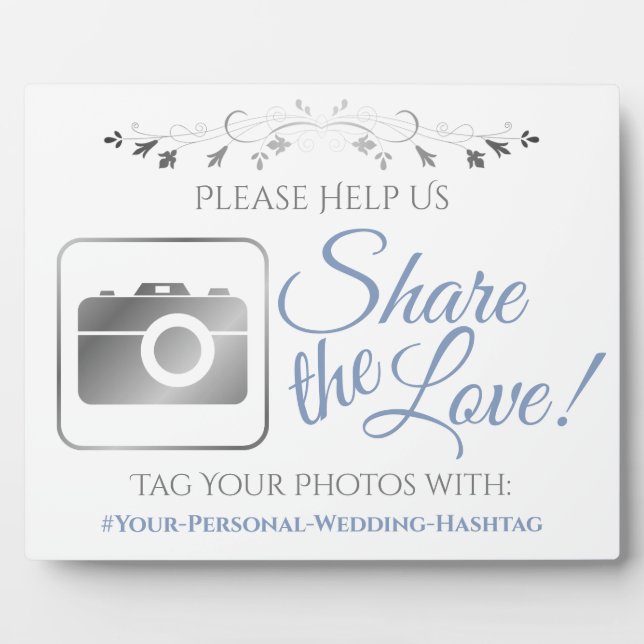 Blue & Grey Wedding Photo Share Hashtag Sign Plaque (Front)