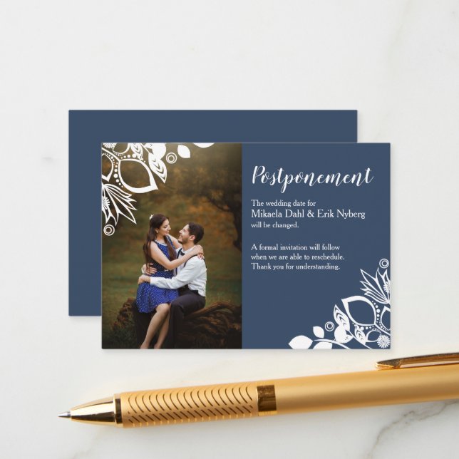 Blue Grey Wedding Postponement Card (Front/Back In Situ)