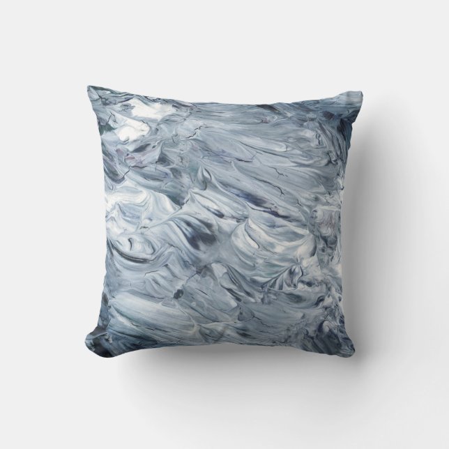 Blue Grey & White Abstract Brushstrokes Cushion (Front)