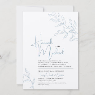 Blue grey white branch of leaves sketch wedding invitation