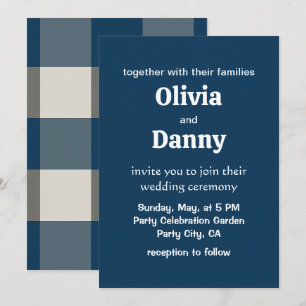 Blue Grey White Buffalo Check Wedding Invitation
