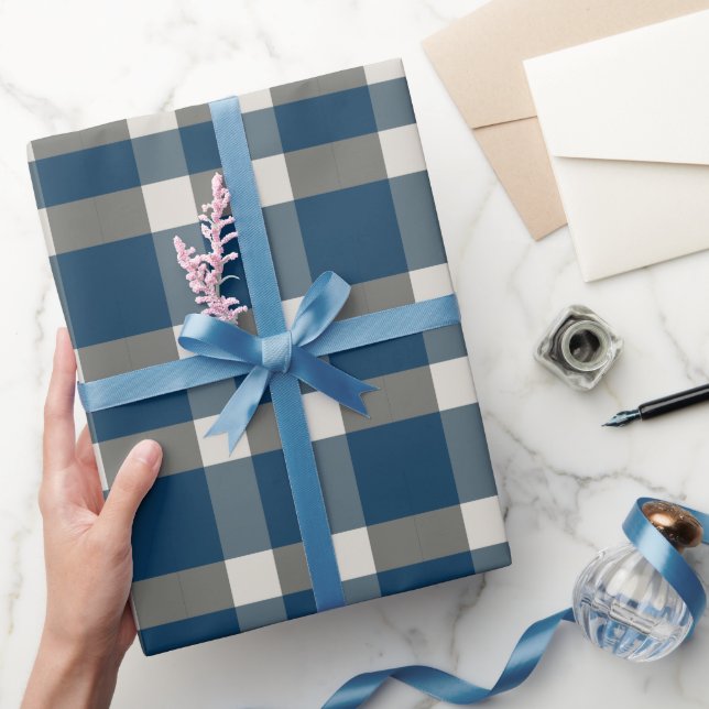 Blue Grey White Buffalo Check  Wrapping Paper (Gifting)