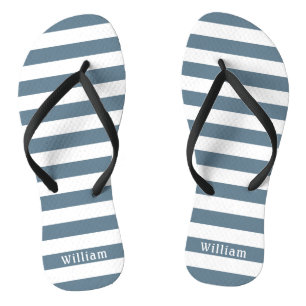 Blue Grey White Cabana Stripes Personalised Beach Flip Flops