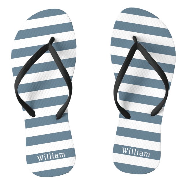 Blue Grey White Cabana Stripes Personalised Beach Flip Flops (Footbed)