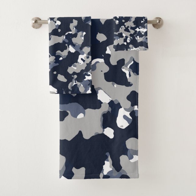 Blue Grey White Camouflage Camo Pattern Bath Towel Set (Insitu)
