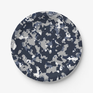 Blue Grey White Camouflage Camo Pattern Party Paper Plate