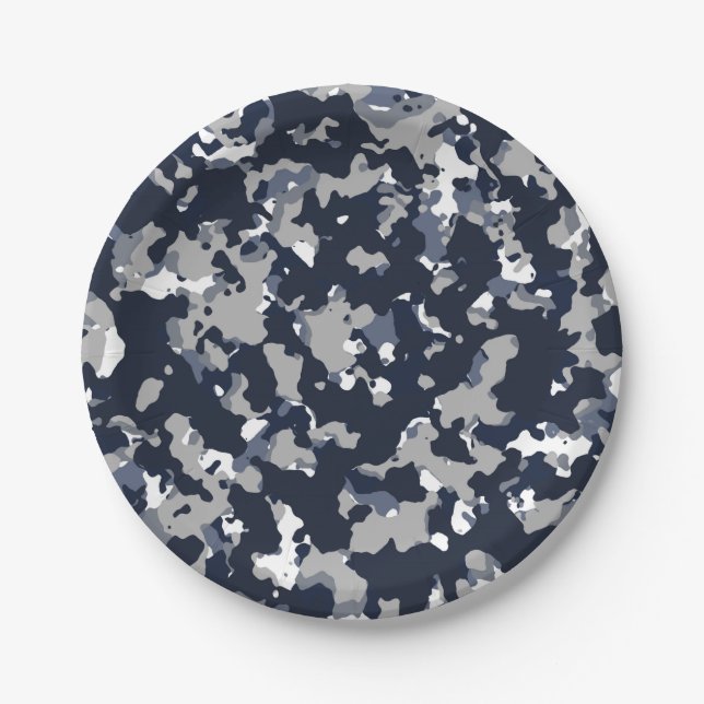 Blue Grey White Camouflage Camo Pattern Party Paper Plate (Front)
