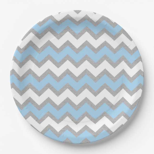 Blue Grey White Chevron baby shower decor Paper Plate (Front)