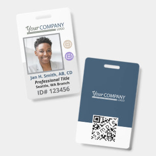 Blue-Grey White Employee Photo ID, Logo & QR Code ID Badge