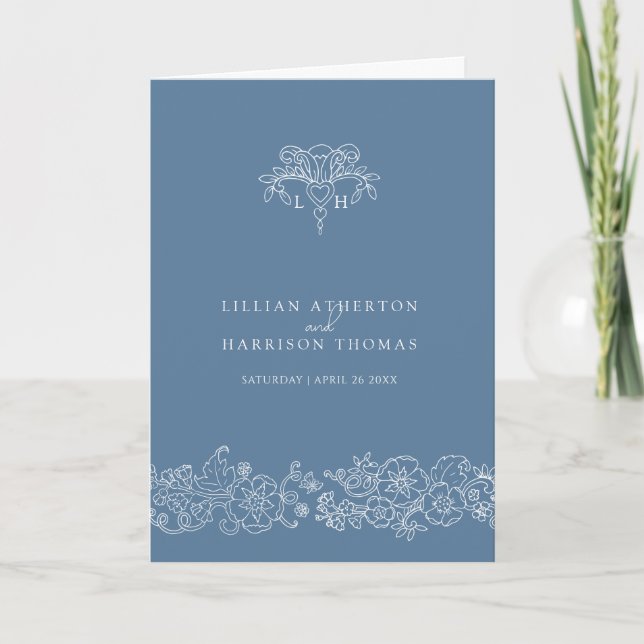 Blue grey white fleur de lis monogram art wedding programme (Front)
