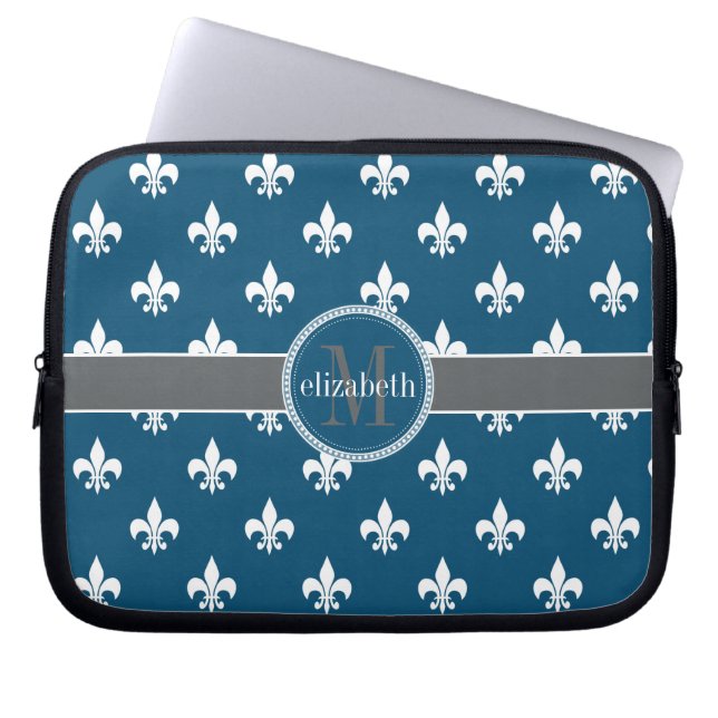 Blue Grey White Fleur de Lis Monogram Laptop Sleeve (Front)