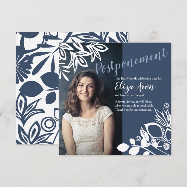 Blue-Grey White Flowers Announcement Card (Front/Back)