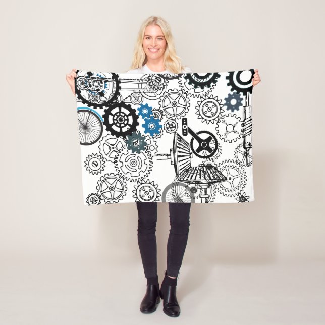 Blue Grey White Gears Steampunk Boys Decor Fleece (In Situ)