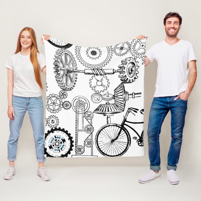 Blue Grey White Gears Steampunk Boys Decor Fleece Blanket (In Situ)