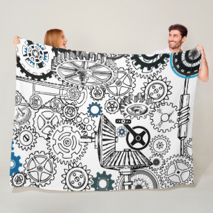 Blue Grey White Gears Steampunk Boys Decor Fleece Blanket