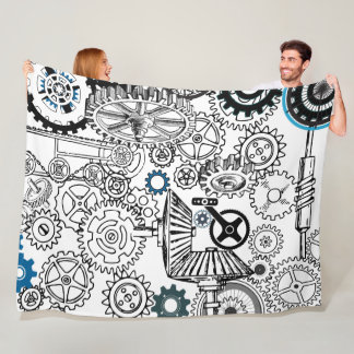 Blue Grey White Gears Steampunk Boys Decor Fleece Blanket